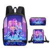 A black backpack featuring KPOP Demon Hunters artwork and branding.