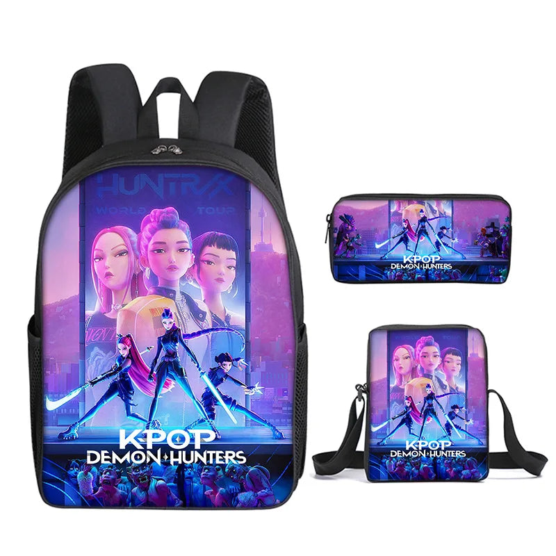 A black backpack featuring KPOP Demon Hunters artwork and branding.