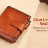 A brown cow leather wallet is shown lying on a light surface with text describing it as multifunctional and anti-theft brush.