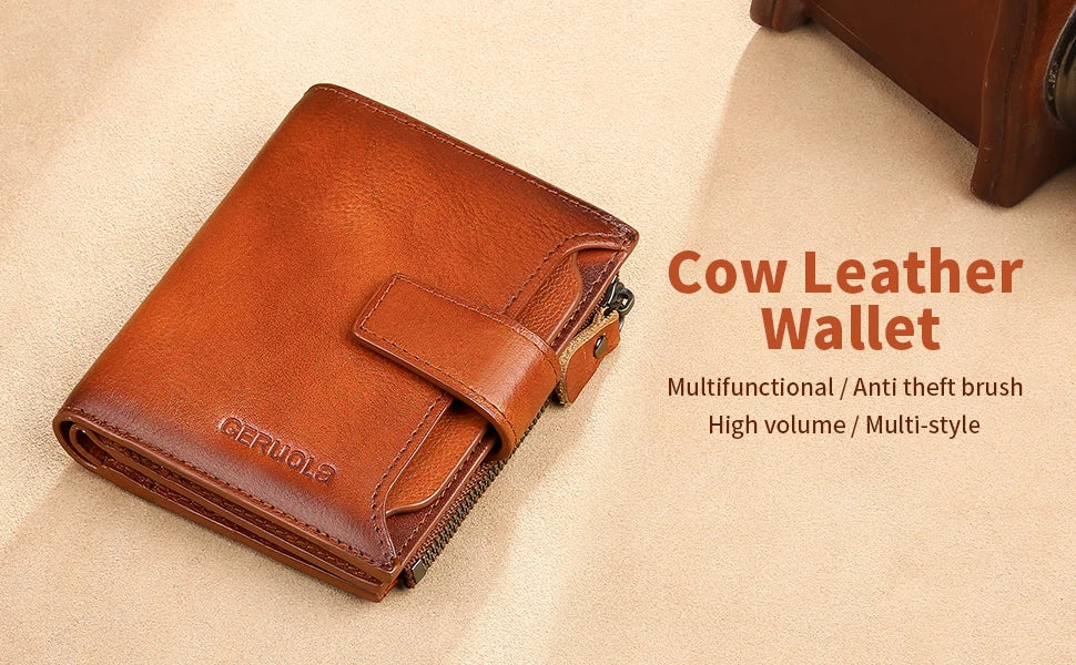A brown cow leather wallet is shown lying on a light surface with text describing it as multifunctional and anti-theft brush.