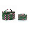 Bolsa de almacenamiento cosmético verde con lunares rosas y tapa bisagra.