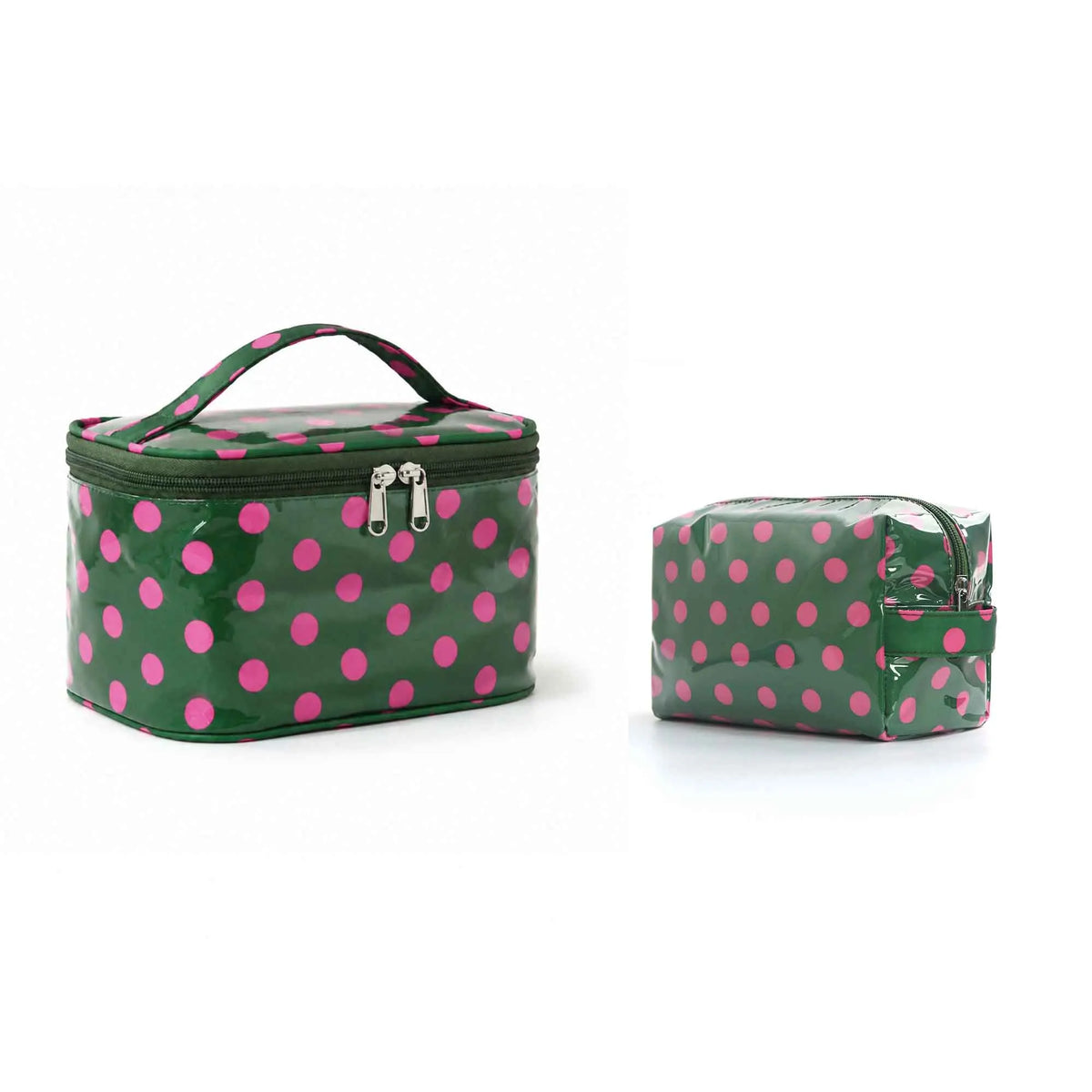 Bolsa de almacenamiento cosmético verde con lunares rosas y tapa bisagra.