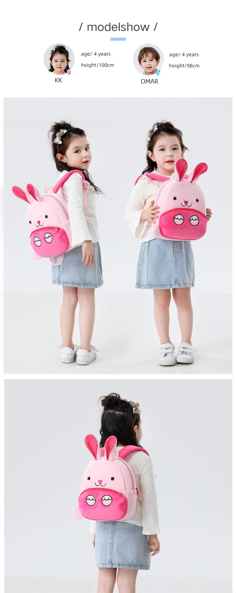 A young girl is holding a pink cartoon rabbit plush backpack.