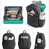 A black laptop backpack showing various pockets including a large main compartment, accessory, book and notes, and a tumbler 