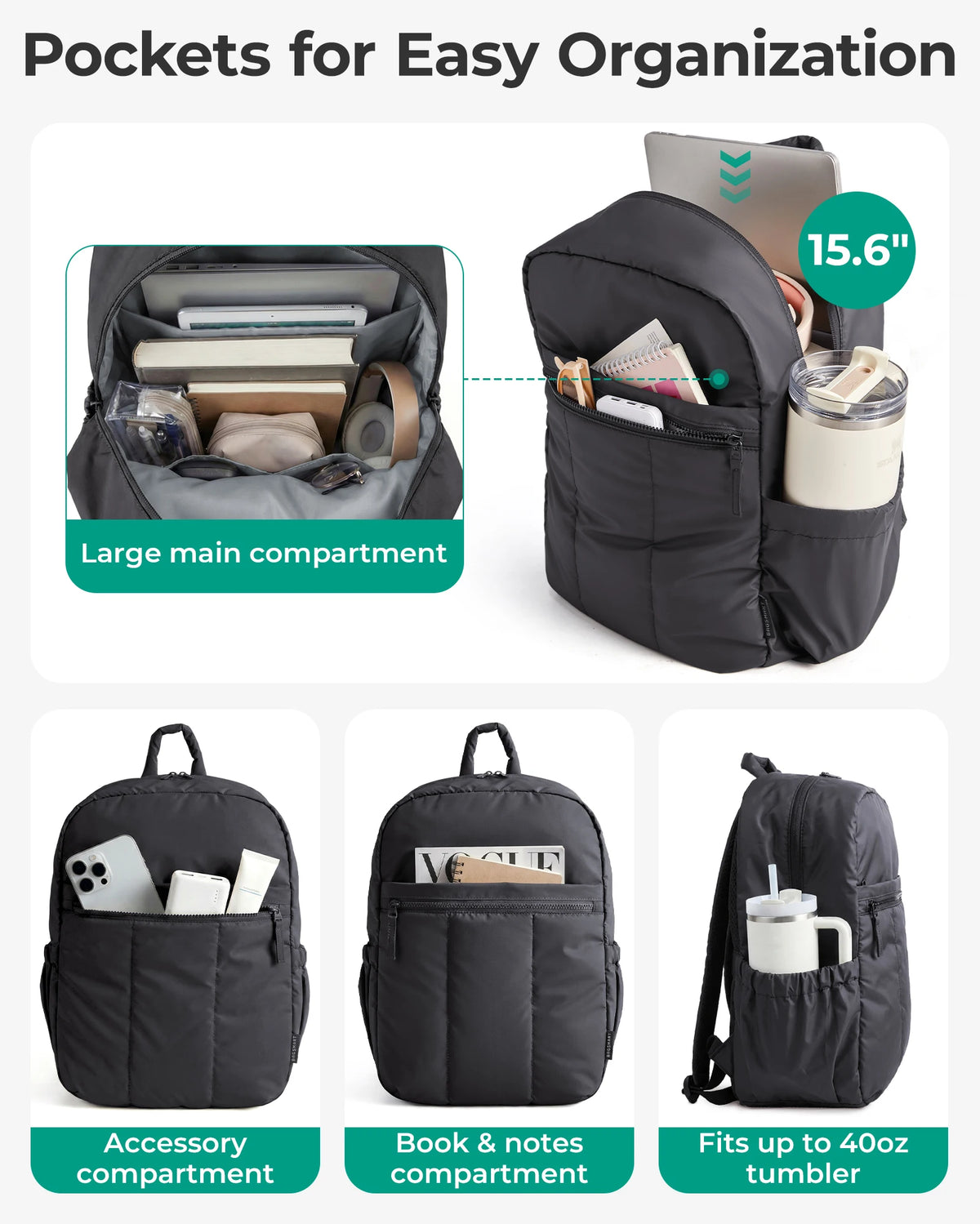 A black laptop backpack showing various pockets including a large main compartment, accessory, book and notes, and a tumbler 