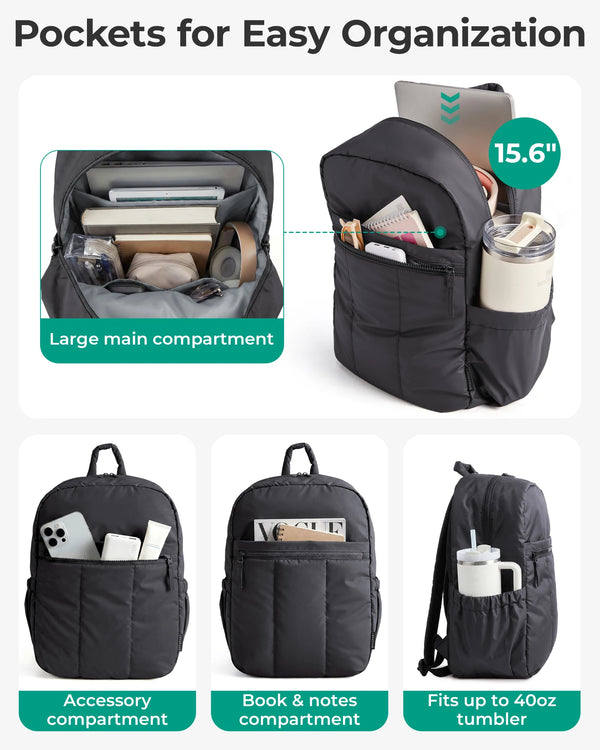 A black laptop backpack showing various pockets including a large main compartment, accessory, book and notes, and a tumbler 