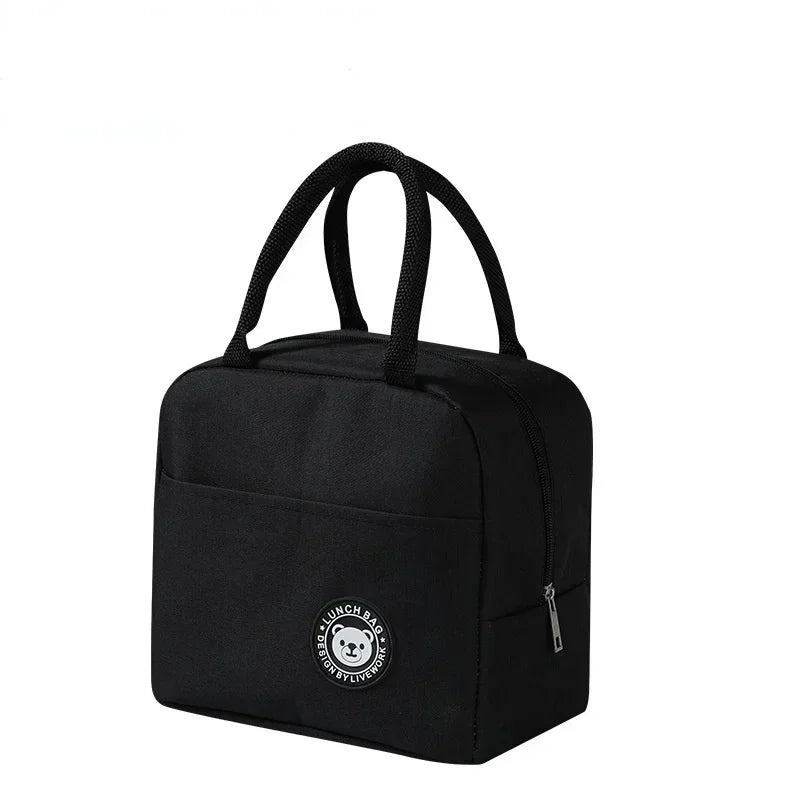 Black reusable insulated lunch bag with handles