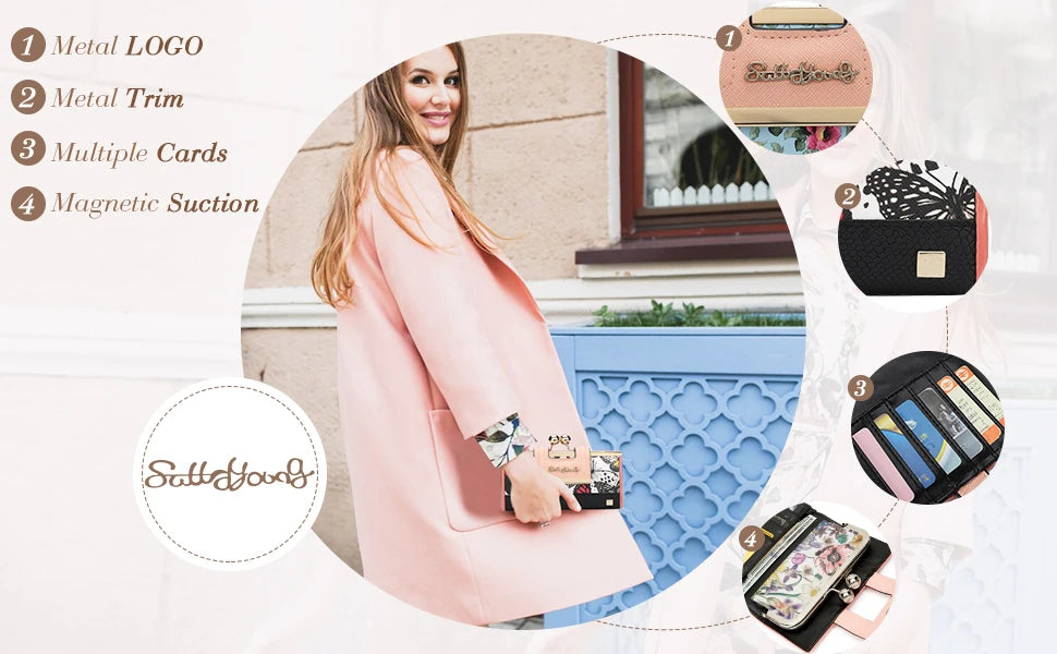 Un blazer rosa y accesorios con tarjetas y una billetera, mostrando funciones de succión magnética.