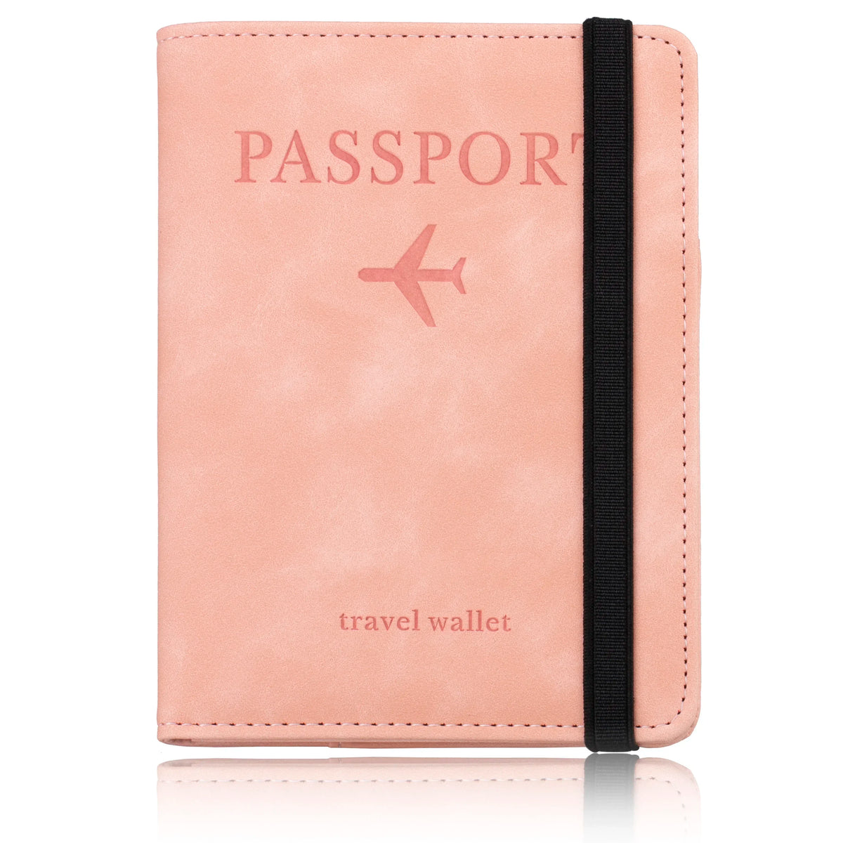 A pink leather passport wallet with a stitched edge and a black strap.