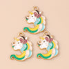 Gold-toned unicorn horse charm pendants featuring pastel rainbow colors for DIY jewelry making