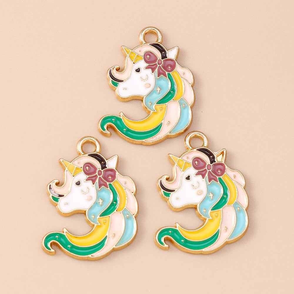 Gold-toned unicorn horse charm pendants featuring pastel rainbow colors for DIY jewelry making