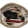 Un sac en velours côtelé beige ouvert, montrant divers accessoires comme un appareil photo, des lunettes de soleil et un smar