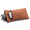 A brown quilted PU leather glasses case with a protective storage bag shown open.