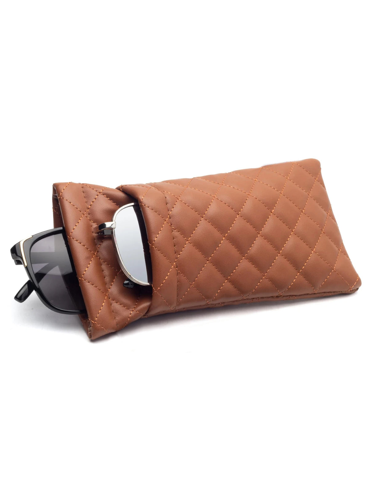 A brown quilted PU leather glasses case with a protective storage bag shown open.