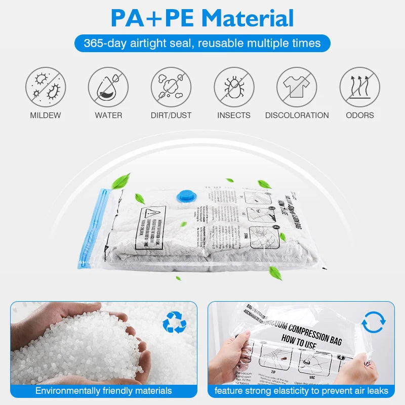 White PA+PE material storage bag with various features and an illustration of its durability