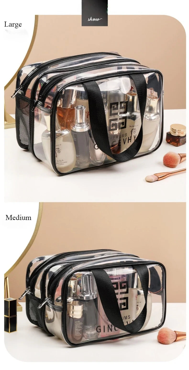 Bolsa reutilizable transparente con exterior de malla negra, para guardar productos líquidos de aseo y cuidado de la piel.