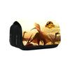 A black pencil case featuring a Jurassic World themed design with a dinosaur silhouette.