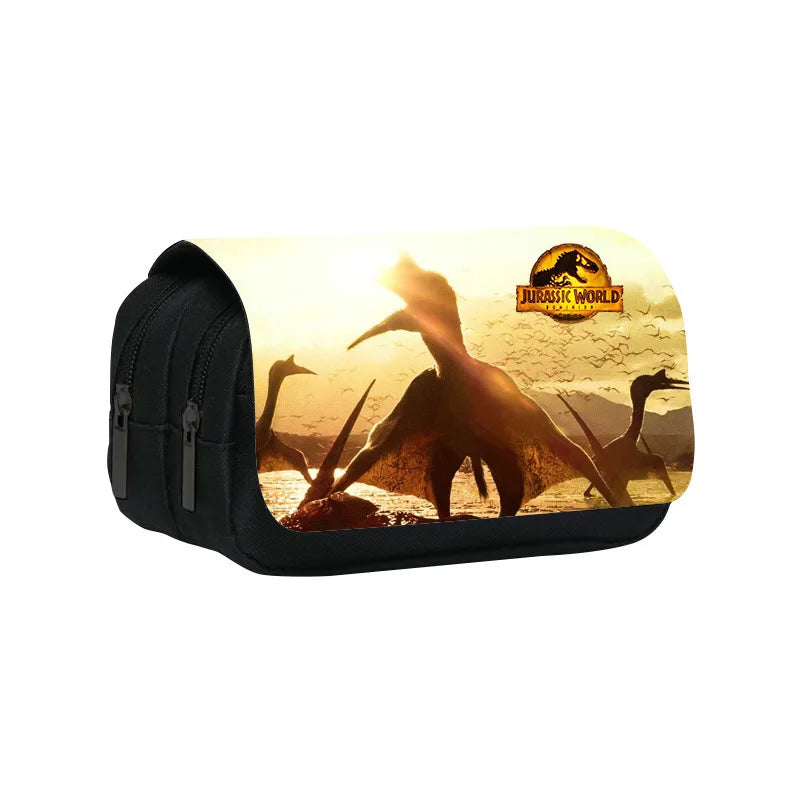 A black pencil case featuring a Jurassic World themed design with a dinosaur silhouette.