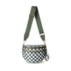 A dark olive green nylon crossbody bag with a checkered pattern and tan leather strap.
