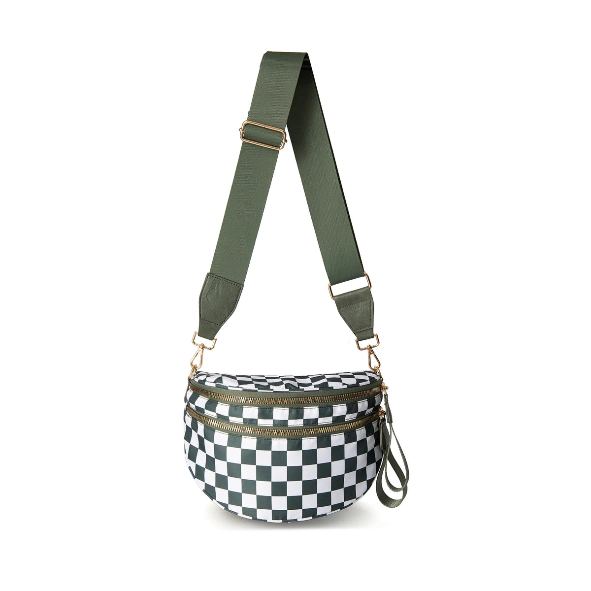 A dark olive green nylon crossbody bag with a checkered pattern and tan leather strap.