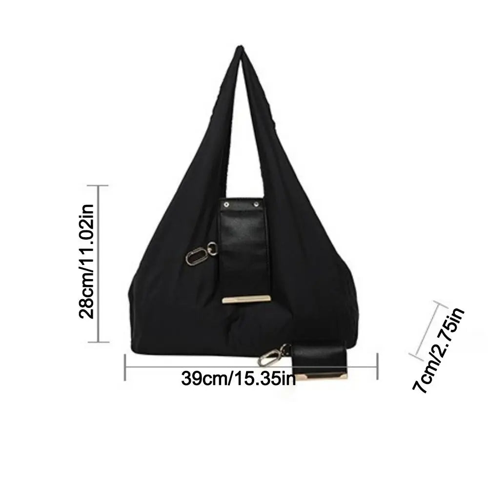 Black foldable mini keychain tote bag shown with dimensions.