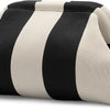 A striped knit clutch bag featuring alternating black and beige horizontal stripes.