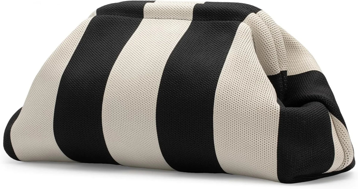 A striped knit clutch bag featuring alternating black and beige horizontal stripes.