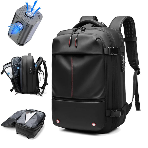 Black heavy duty laptop backpack featuring vacuum compression for storage and protection.
