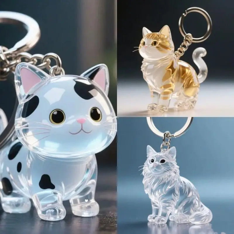 A clear glass figurine of a cat in a sitting pose, shown alongside its keychain pendant.