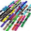 A variety of colorful adjustable tactical backpack chest strap harnesses laid out in a row.