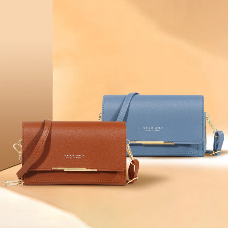 A brown leather multi-card shoulder wallet and a blue leather wallet are displayed on a light background.