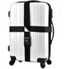 White adjustable luggage with black cross straps and combination lock.