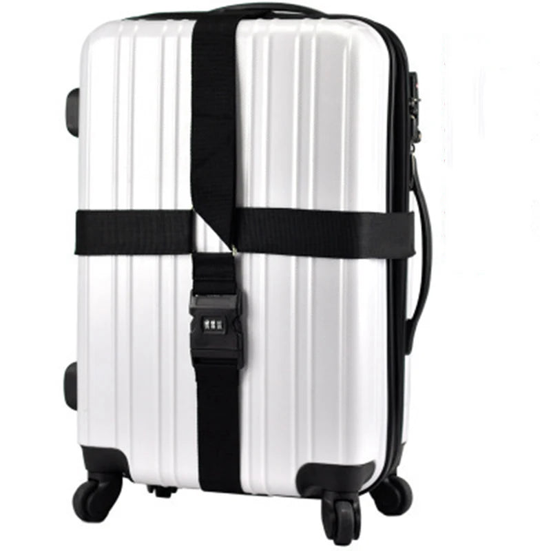 White adjustable luggage with black cross straps and combination lock.
