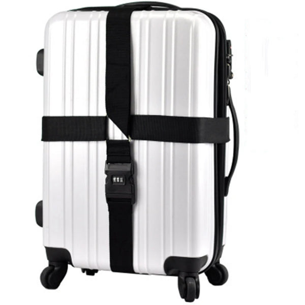 White adjustable luggage with black cross straps and combination lock.