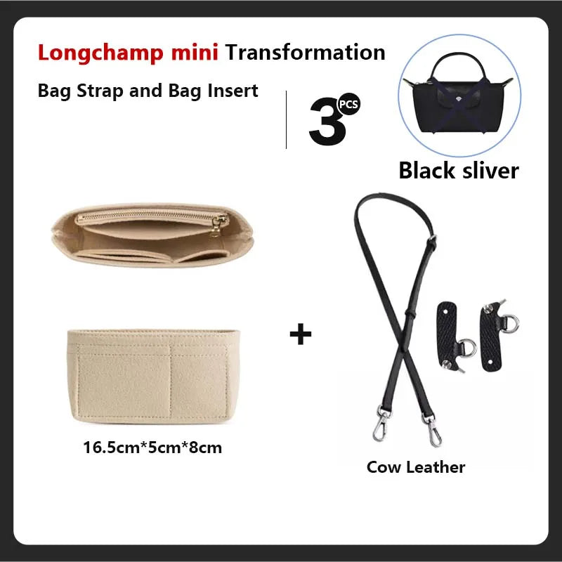 Longchamp mini transformation showing a bag strap and bag insert with black silver cow leather components