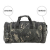 A camouflage travel duffel bag with reinforced features and removable components.