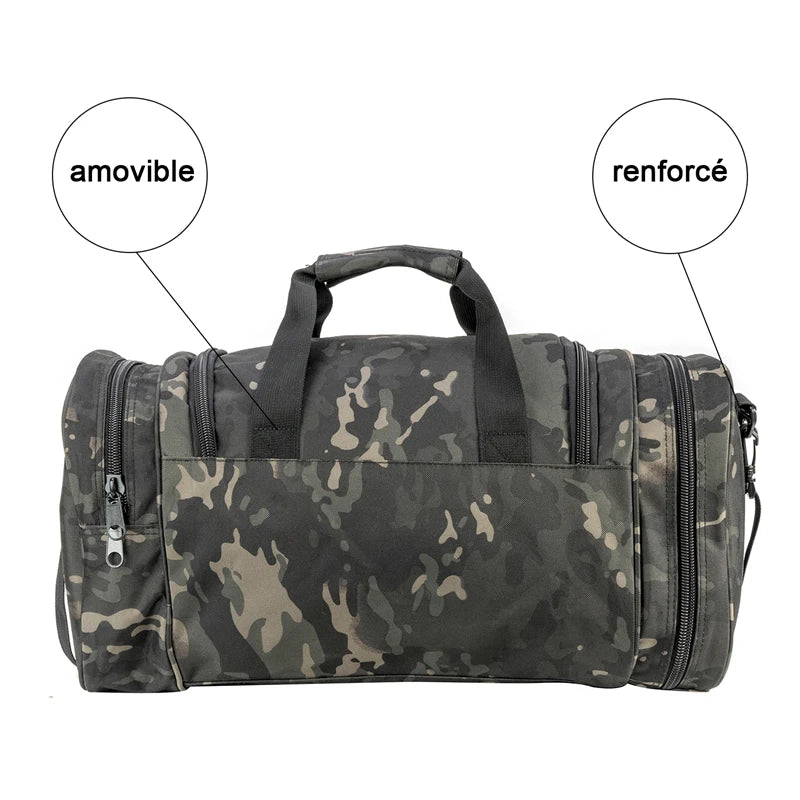 A camouflage travel duffel bag with reinforced features and removable components.