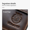 Close-up of a dark brown genuine leather wallet featuring an embossed lion head design and the word SCELATUM.