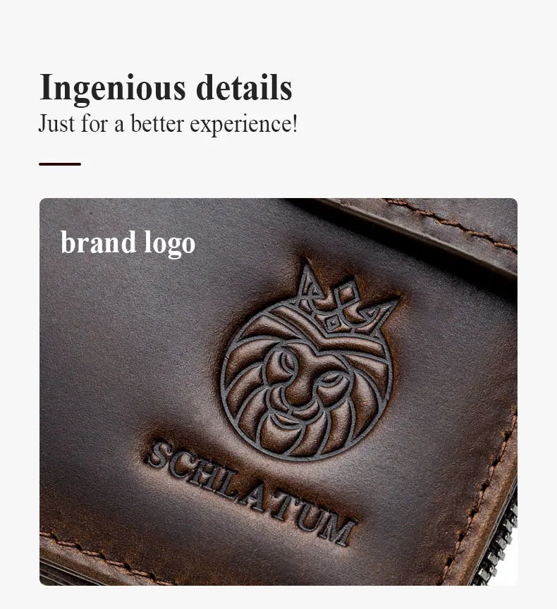 Close-up of a dark brown genuine leather wallet featuring an embossed lion head design and the word SCELATUM.