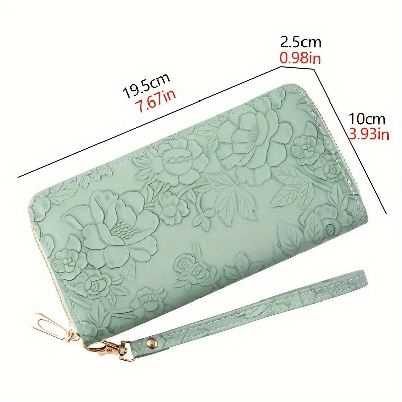 Cartera de tarjeta de cuero PU floral en verde menta claro con su correa.