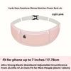Light pink elastic waist pack with adjustable circumference for carrying items like cards, keys, and electronics
