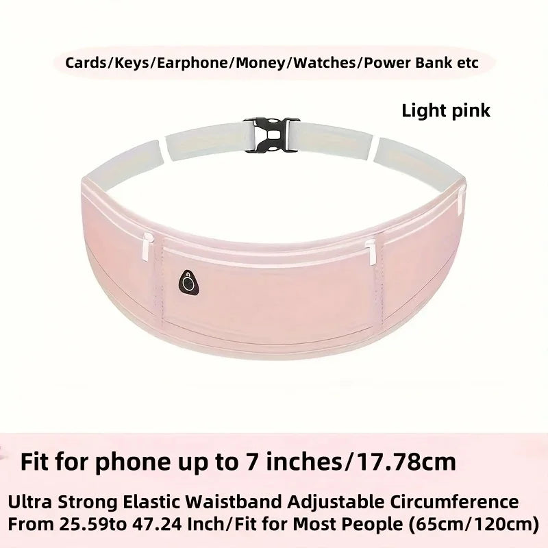 Light pink elastic waist pack with adjustable circumference for carrying items like cards, keys, and electronics