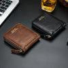 A brown retro PU leather men's wallet is shown next to a black version and a glass of amber liquid on a dark surface.