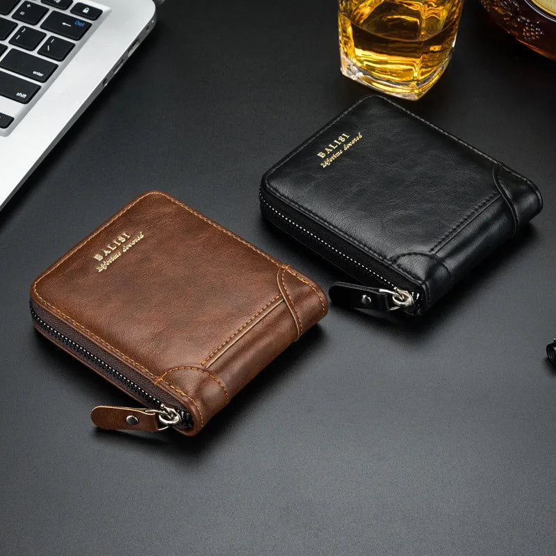A brown retro PU leather men's wallet is shown next to a black version and a glass of amber liquid on a dark surface.