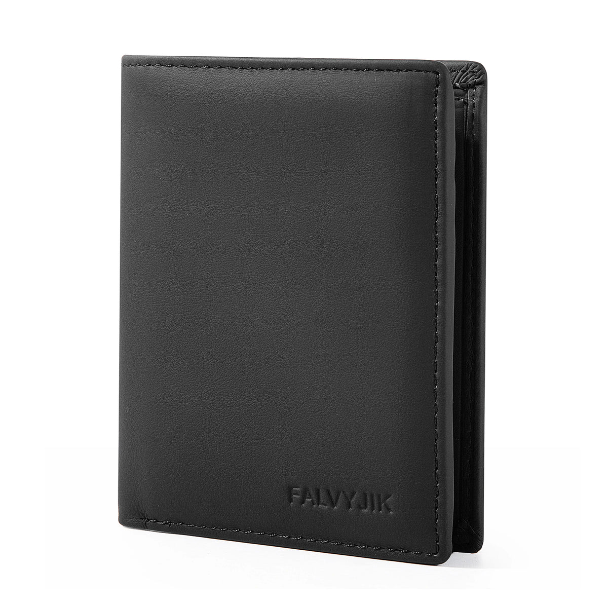 A black genuine leather men's business wallet with a zipper closure.