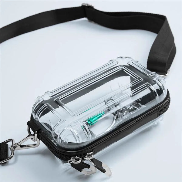 A clear plastic cosmetic bag with a black strap and metal clasp is shown against a white background.