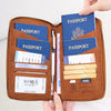 A brown multi-functional RFID blocking passport and document holder is shown with various passports and credit cards inside.