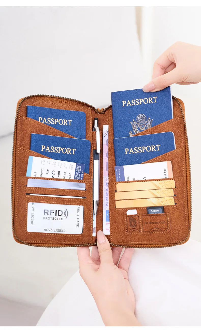 A brown multi-functional RFID blocking passport and document holder is shown with various passports and credit cards inside.