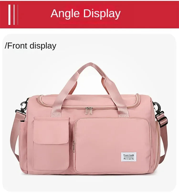 A pink VanilaM front display bag with a handle and pockets shown in an angle display view.
