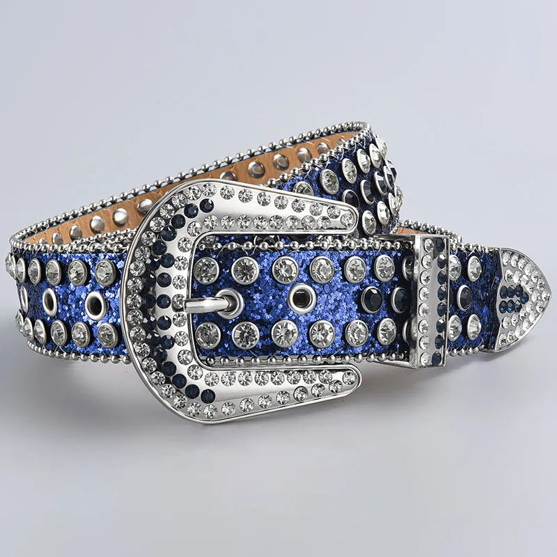 A silver and blue rhinestone decorative Western buckle belt for jeans and accessories.